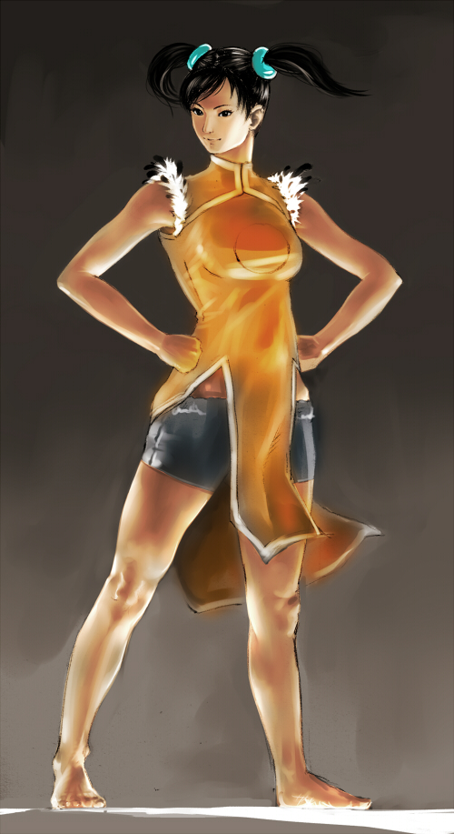 barefoot, bike_shorts, black_hair, breasts, china_dress, chinese_clothes, hands_on_hips, jwabonjooi
