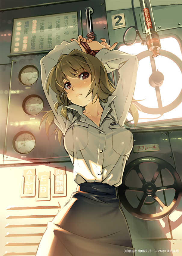 arms_up, bdsm, blush, bondage, breasts, brown_eyes, collarbone, gauge, green_hair, large_breasts, long_hair, looking_at_viewer, rail_wars!, rope, solo, sweat, tied_up, uniform, vania600