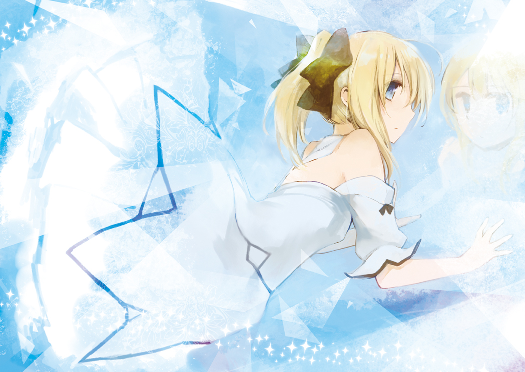 ahoge, blonde_hair, blue_eyes, bow, detached_sleeves, dress, fate/stay_night, fate/unlimited_codes