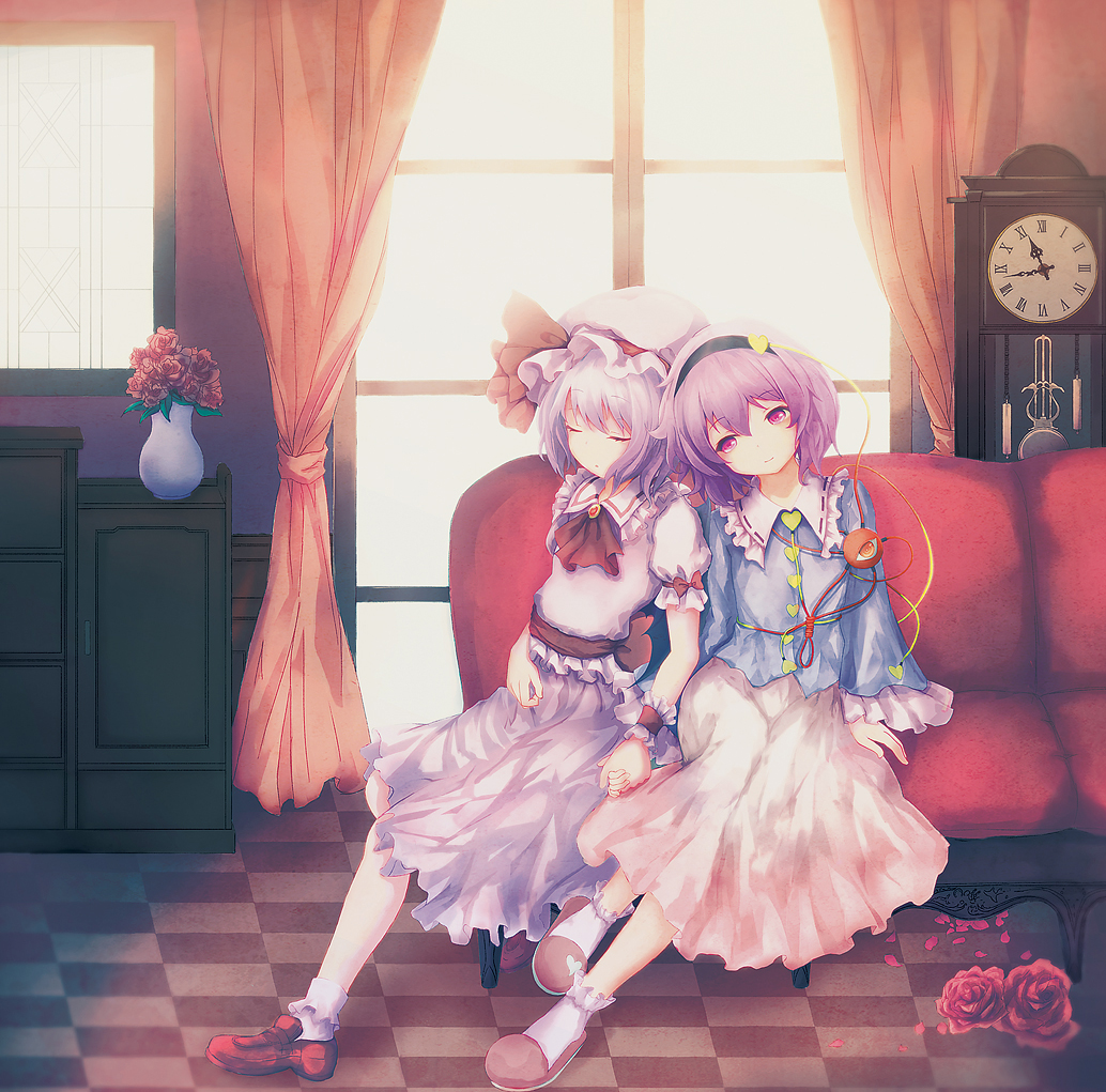 clock, closed_eyes, couch, eyes_closed, flower, hairband, hat, komeiji_satori
