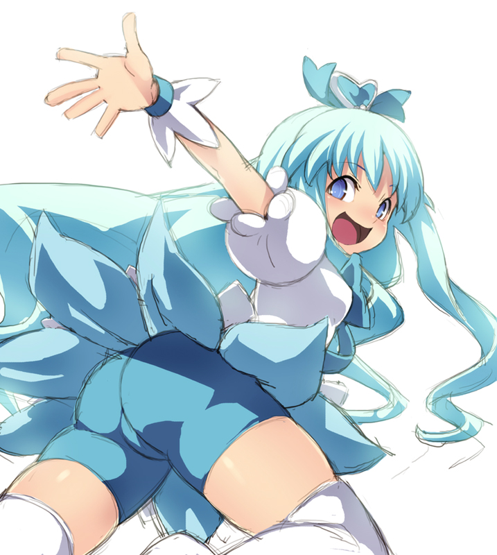 1girl, ass, bike_shorts, blue_bike_shorts, blue_eyes, blue_hair, cure_marine, dress