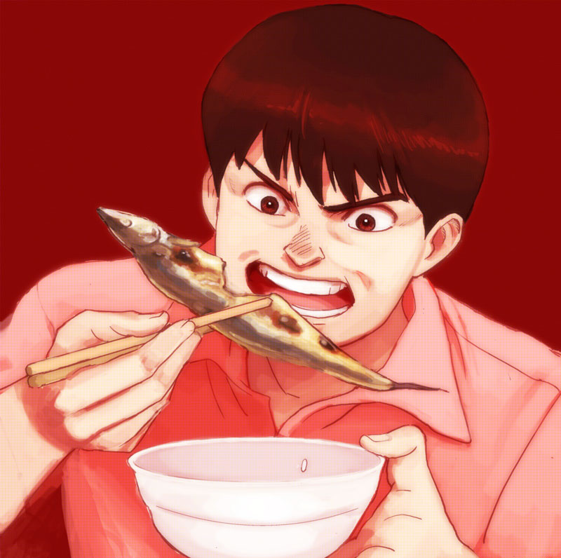 akira, black_hair, bowl, brown_eyes, chopsticks, eating, fish, kaneda_shoutarou