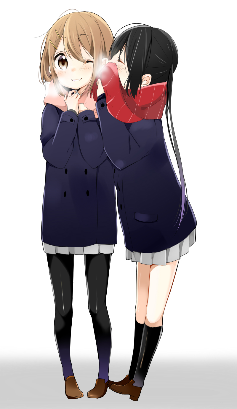 black_hair, breath, brown_eyes, brown_hair, closed_eyes, coat, eyes_closed, grin