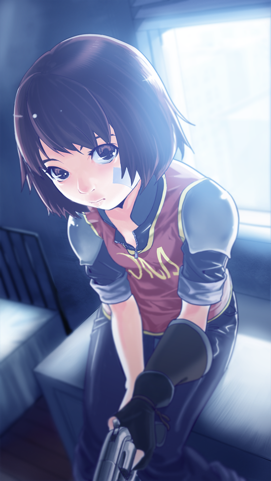 arc_the_lad, arc_the_lad_iii, armor, bandage, brown_eyes, brown_hair, cheryl_(arc_the_lad), cojibou, female, fingerless_gloves, gloves, gun, pants, revolver, short_hair, sitting, solo