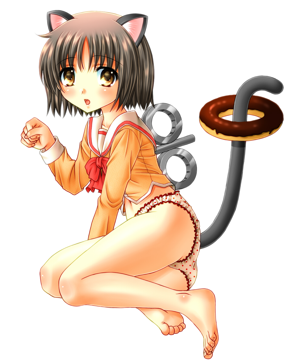 animal_ears, ass, barefoot, black_hair, brown_eyes, cat_ears, cat_tail, doughnut