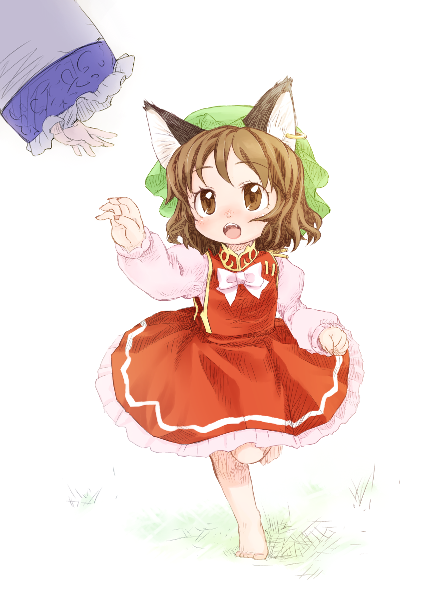 animal_ears, barefoot, brown, brown_eyes, brown_hair, cat_ears, chen, clenched_hand