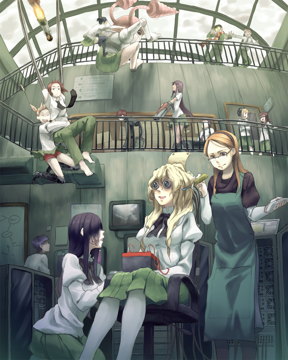 6+girls, arai_taro, arm_cannon, barefoot, brown_hair, chair, cyborg, glasses, hakamichi_shizune, highres, ibarazaki_emi, ikezawa_hanako, inoue_naomi, kamifish, katawa_shoujo, long_hair, mechanical_legs, mechanization, mikado_shiina, miura_miki, molly_kapur, multiple_girls, nakai_hisao, nurse_(katawa_shoujo), ooe_natsume, pantyhose, purple_hair, red_hair, satou_lilly, school_uniform, setou_kenji, shirakawa_yuuko, short_hair, sitting, tezuka_rin, thighhighs, twintails, weapon