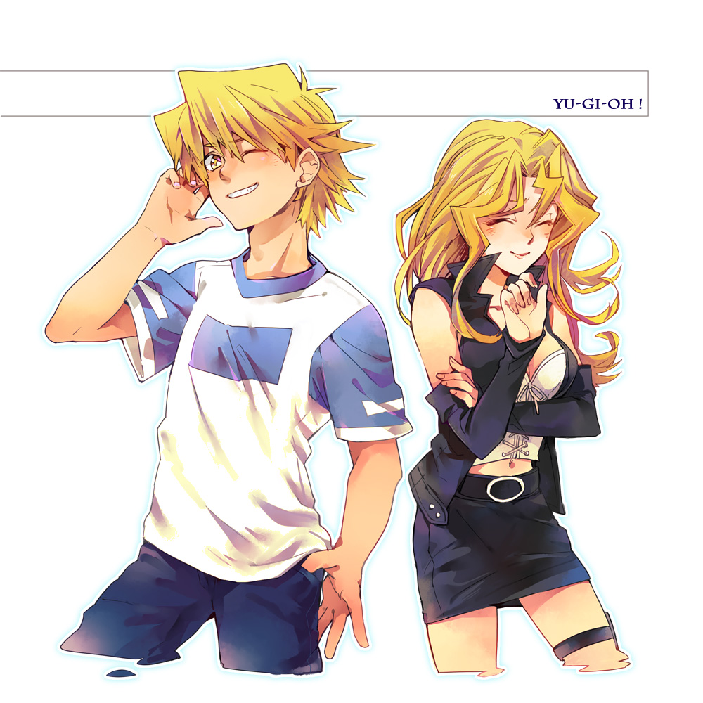1girl, blonde_hair, closed_eyes, detached_sleeves, eyes_closed, grin, jounouchi_katsuya, ksuga, kujaku_mai, long_hair, popped_collar, skirt, smile, t-shirt, thigh_strap, title_drop, vest, wink, yu-gi-oh!, yuu-gi-ou, yuu-gi-ou_duel_monsters
