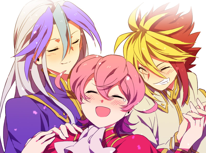 3boys, blonde_hair, blue_hair, blush, closed_eyes, eyes_closed, friends, grin