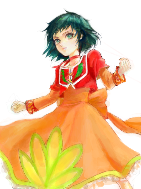 clenched_hand, clenched_hands, dress, farah_oersted, green_eyes, green_hair, long_sleeves, multicolored_dress