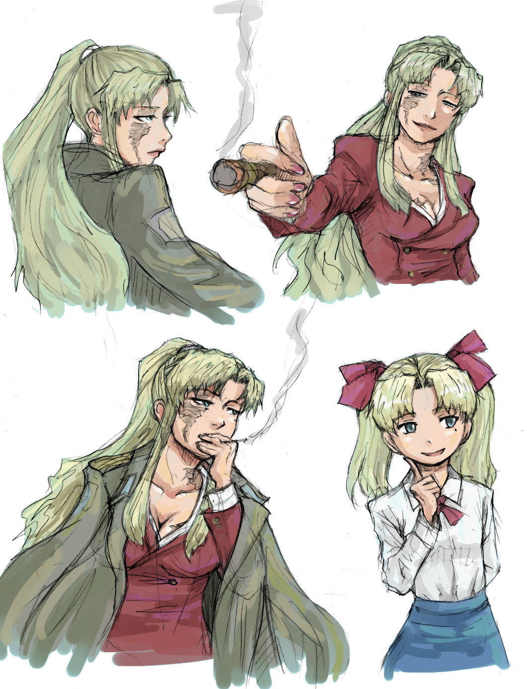 arm_behind_back, balalaika, black_lagoon, blonde_hair, blue_eyes, breasts, cigar, cleavage