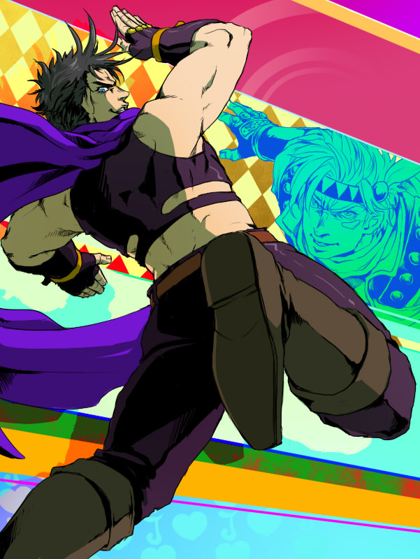 black_hair, blue_eyes, boots, caesar_anthonio_zeppeli, doyamatsu, fingerless_gloves, gloves, headband