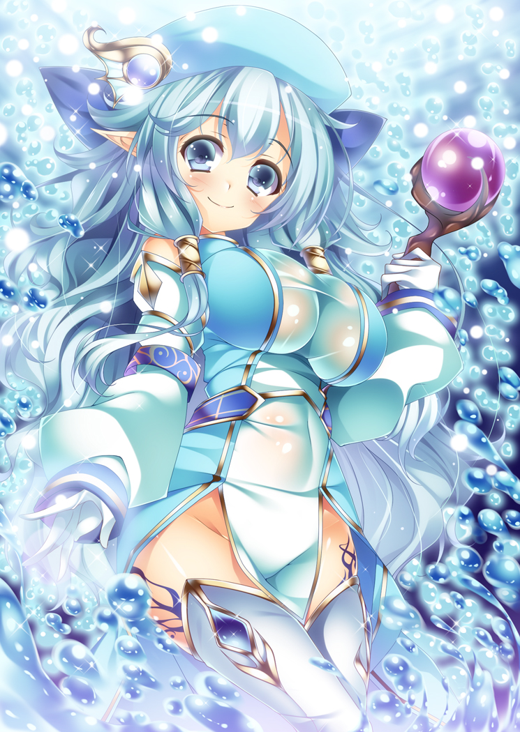 bare_shoulders, blue_eyes, blue_hair, breasts, curvy, hat, izayoi_kaname, large_breasts
