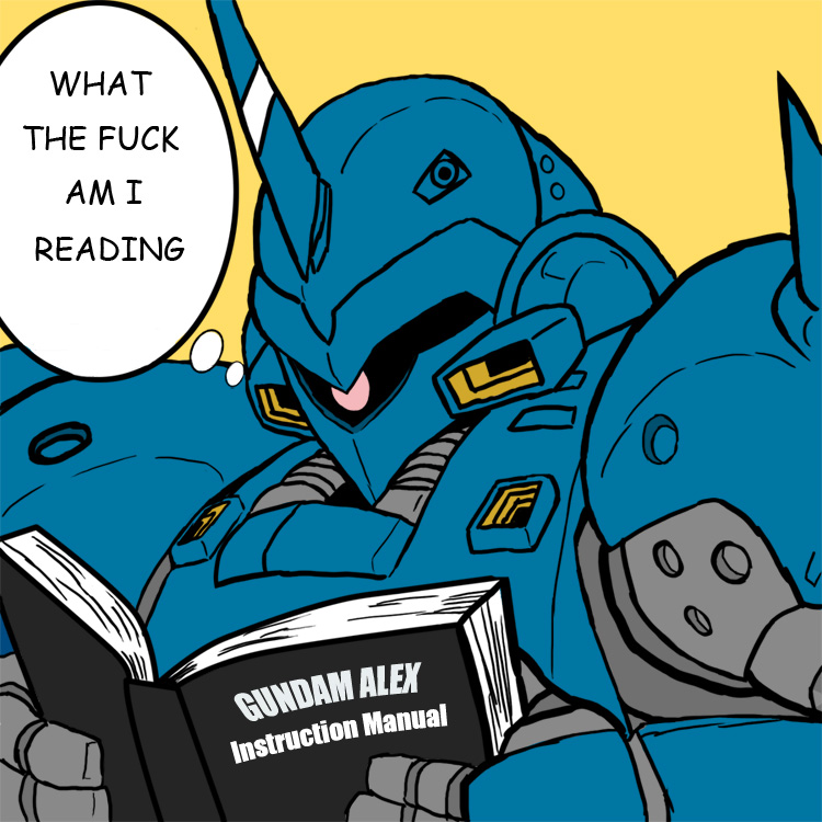 book, drawfag, english, flat_color, gundam, gundam_0080, instructions, kampfer_(mobile_suit), mecha, meme, mobile_suit_gundam, no_humans, parody, profanity, reading, solo