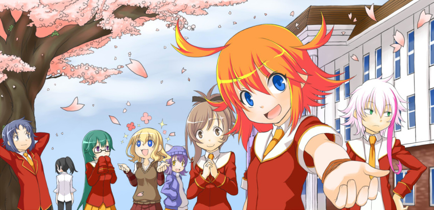 2boys, 6+girls, :3, :d, against_tree, ahoge, animal_ears, animal_hat