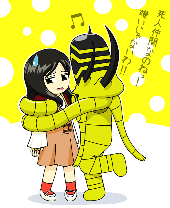 1girl, black_hair, blue_hair, brown_eyes, capelet, dress, female, hug