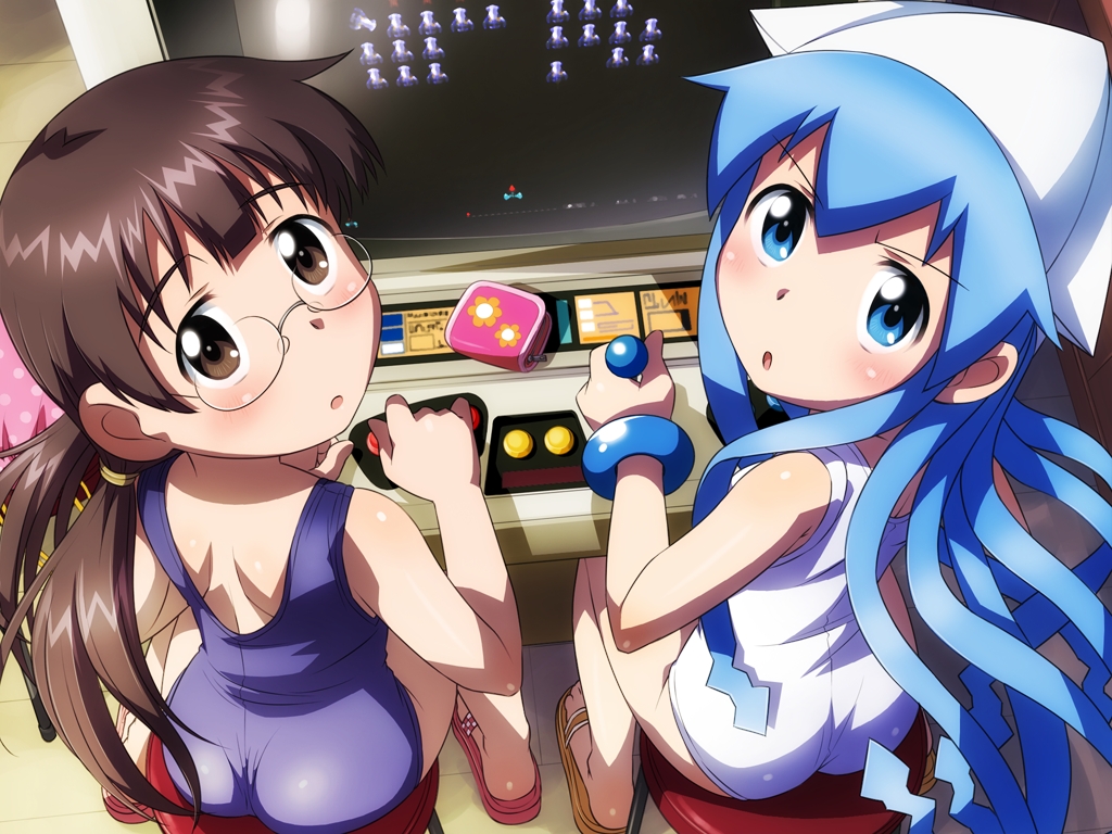 :o, arcade, arcade_cabinet, ass, blue_eyes, blue_hair, blush, brown_eyes