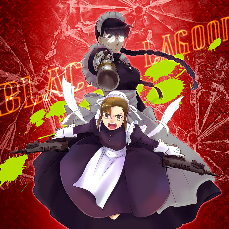 black_hair, black_lagoon, braid, breasts, brown_eyes, brown_hair, bun_cover, cross, cross_necklace, dual_wielding, fabiola_iglesias, flintlock, glasses, gloves, gun, hair_bun, long_hair, mag-7, maid, maid_headdress, multiple_girls, opaque_glasses, open_mouth, osamu_(745643), roberta, shotgun, shouting, title_drop, trigger_discipline, twin_braids, weapon, white_gloves, wrist_cuffs