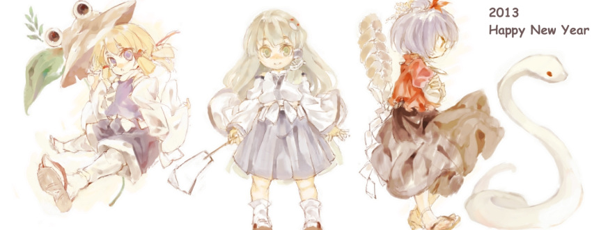 3girls, ankle_socks, blonde_hair, blouse, blue_eyes, crossed_arms, detached_sleeves, frog_hair_ornament