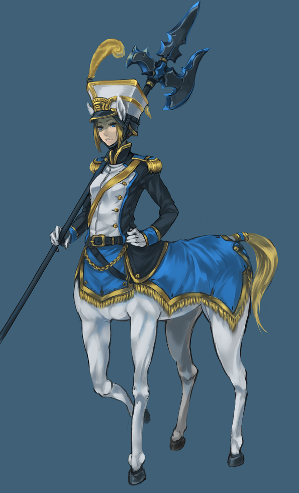 blonde_hair, blue_eyes, centaur, copyright_request, equine, female, halberd, hat, hooves, pole_axe, polearm, simple_background, solo, taur, un_do, uniform, weapon, ze, ze_(sawakihein)
