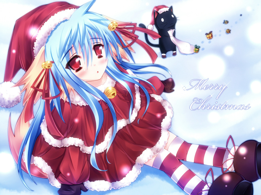 bell, bell_collar, blue_hair, cat, child, christmas, collar, gloves
