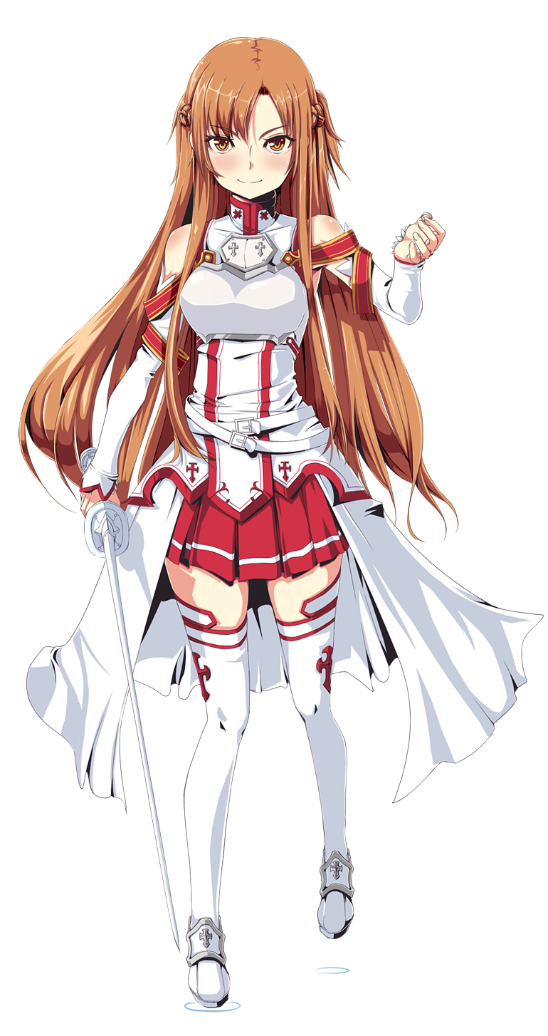 armor, asuna_(sao), bare_shoulders, boots, breastplate, brown_eyes, brown_hair, detached_sleeves