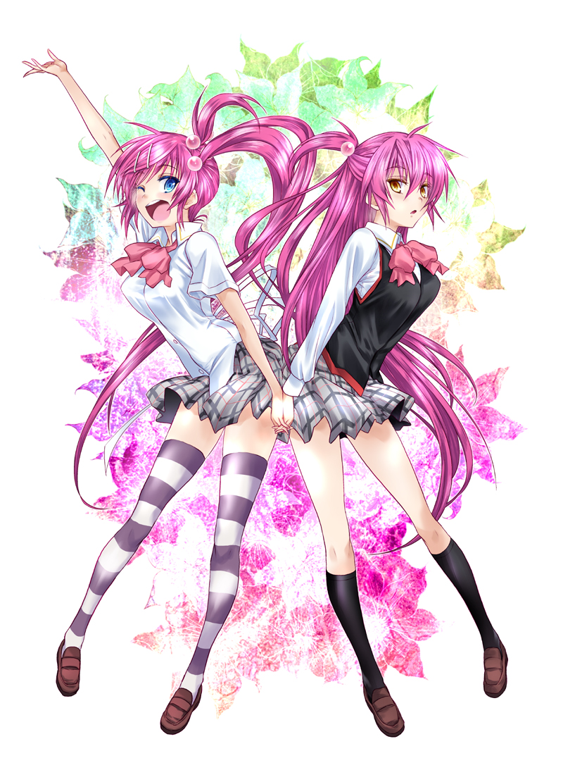 blue_eyes, brown_eyes, futaki_kanata, hair_bobbles, hair_ornament, little_busters!!, long_hair, multiple_girls, plaid, plaid_skirt, purple_hair, saigusa_haruka, school_uniform, side_ponytail, skirt, striped, striped_legwear, sumegari_hamao, thigh-highs, thighhighs