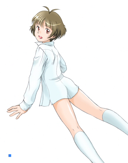 androgynous, antenna_hair, bad_id, bottomless, brown_eyes, brown_hair, dress_shirt, ebi-rom