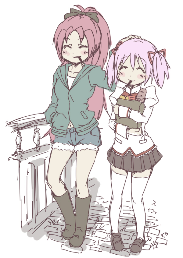 bag, blush, boots, bow, es_(eisis), hair_bow, hand_on_head, kaname_madoka