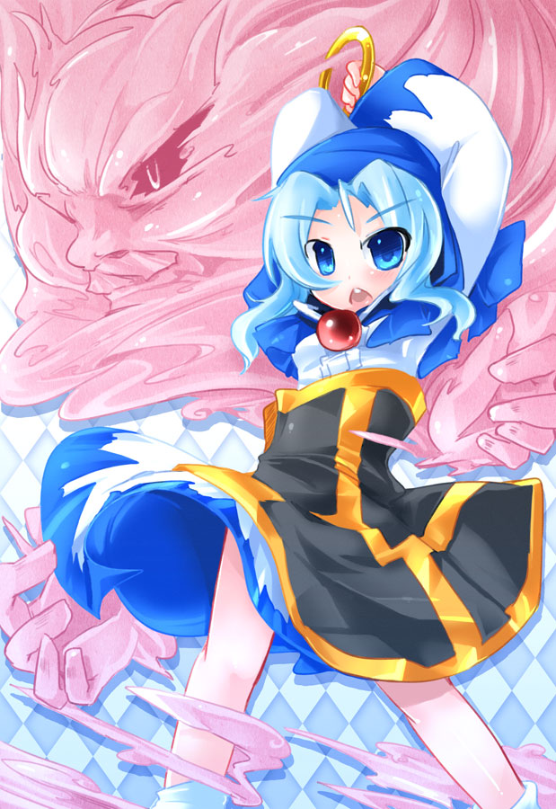 1girl, akihara_nakuru, argyle, argyle_background, blue_eyes, blue_hair, diamond_background, hood