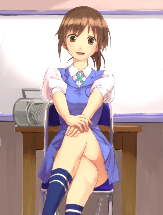 brown_eyes, brown_hair, chair, crossed_legs, hands_on_knee, legs_crossed, long_hair, nueco