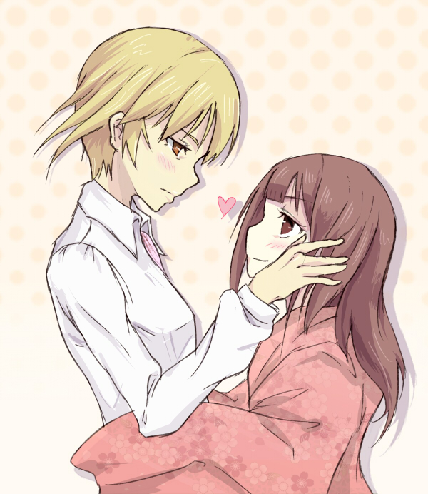 blonde_hair, blush, brown_eyes, brown_hair, hariu_eri, heart, height_difference, hug, japanese_clothes, kamaboko_(ossann0125), kimono, long_hair, looking_at_another, mihirogi_uta, multiple_girls, saki, saki_achiga-hen, short_hair, smile, yuri