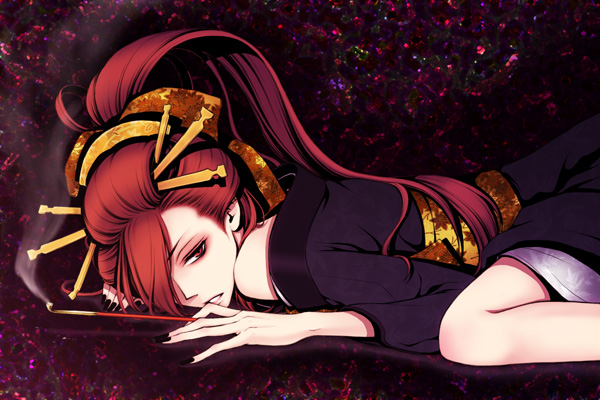 hair_ornament, hair_over_one_eye, japanese_clothes, kimono, kiseru, kotorin, long_hair, nail_polish, off_shoulder, oiran, on_stomach, pipe, red_eyes, red_hair, smoke, solo