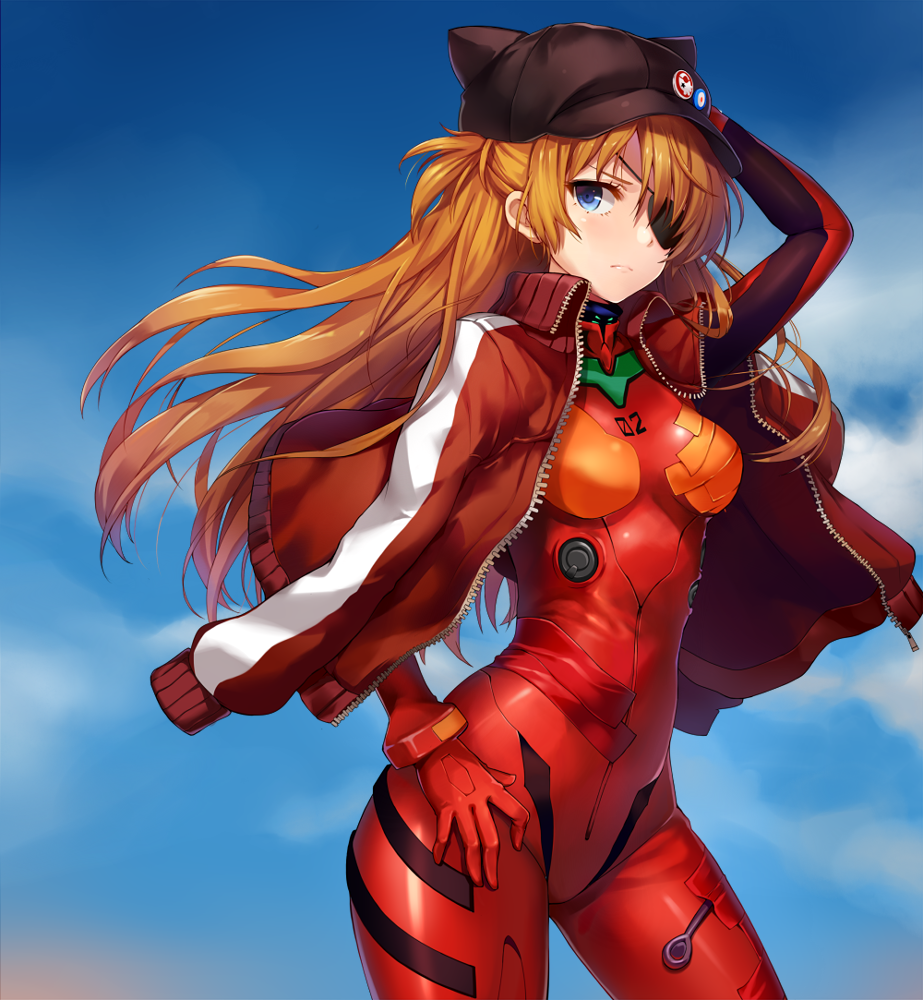animal_hat, blue_eyes, bodysuit, evangelion:_3.0_you_can_(not)_redo, eyepatch, frown, hand_on_hip, hat