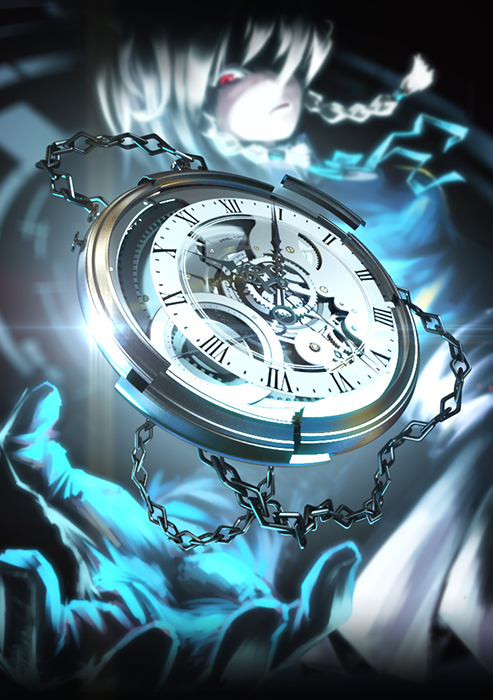 blue_eyes, braid, chain, chains, ghostzxt, izayoi_sakuya, red_eyes, ribbon