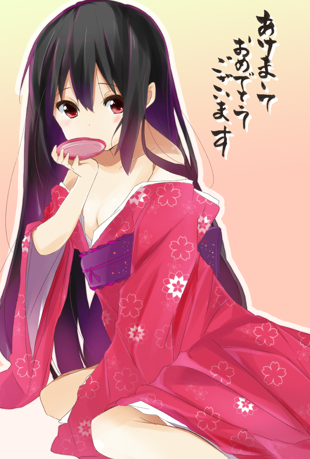 akeome, alternate_hairstyle, bare_shoulders, black_hair, bowl, drinking, hair_down, highres