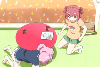 2girls, akaza_akari, all_fours, animated, animated_gif, crawling, lowres, miniskirt