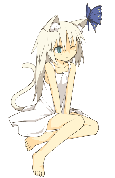 bare_feet, barefoot, blonde_hair, blue_eyes, butterfly, cat_ears, dress, feet, flat_chest, green_eyes, ikura_hato, loli, long_hair, nekomimi, original, tail, white_hair, wink