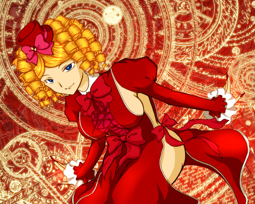 blue_eyes, bow, breasts, curly_hair, fingernails, gaap, hat, magic_circle