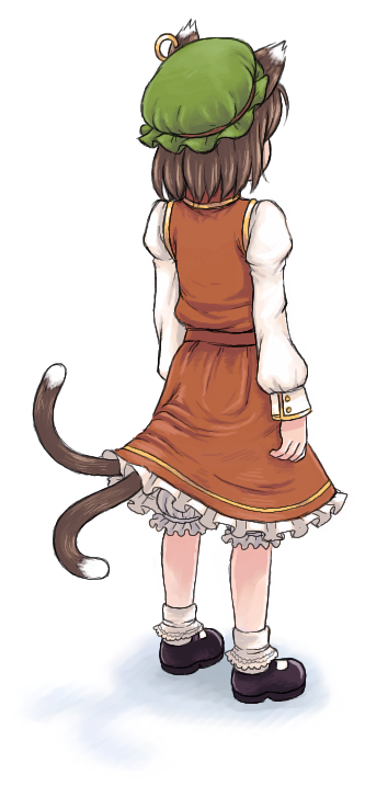 back, brown_hair, cat_ears, cat_tail, chen, from_behind, hat, kouotsu, multiple_tails, short_hair, solo, tail, touhou
