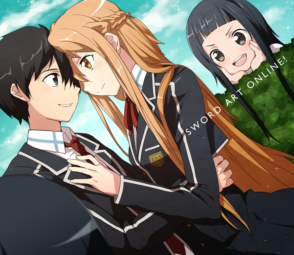 >:d, 2girls, :d, asuna_(sao), black_eyes, black_hair, blazer, brown_eyes