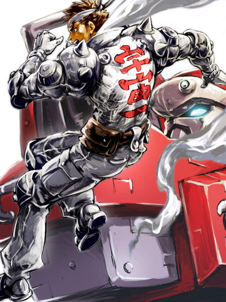 belt, blodia, brown_hair, cargo_pants, clothes_writing, cyberbots, elbow_pads, gloves, headband, knee_pads, maro_(bataasi), mecha, pauldrons, pouch, robot, saotome_jin, scarf, short_hair, spikes, translation_request
