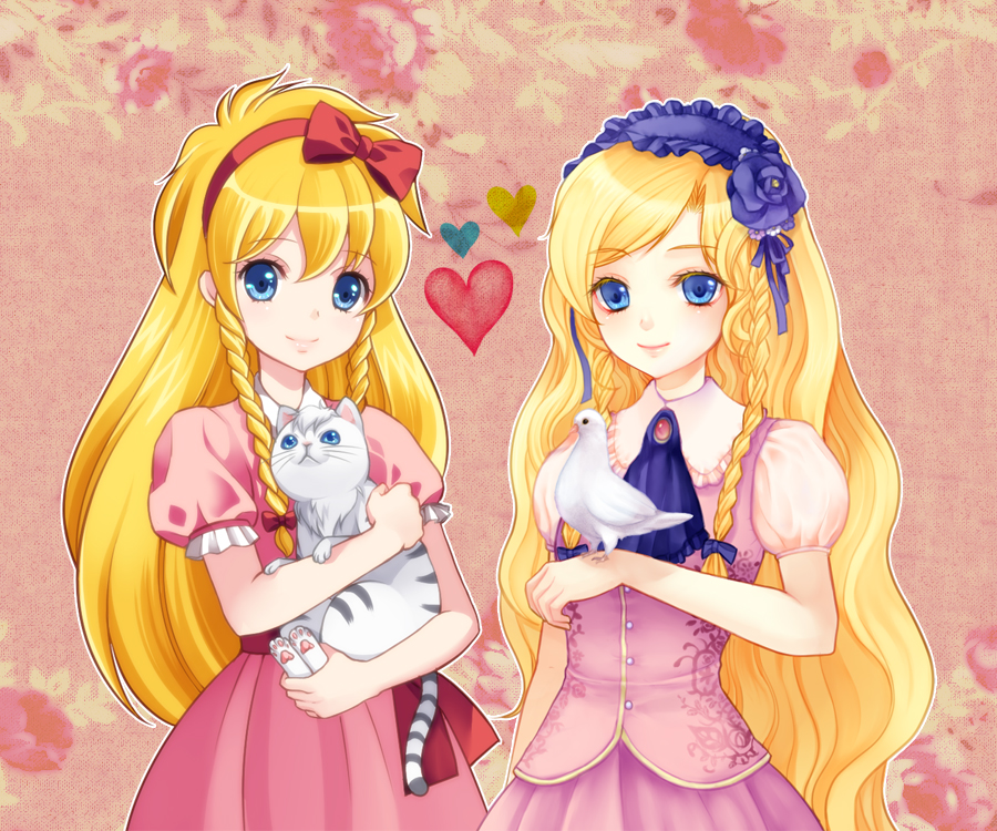 ascot, bird, blonde_hair, blue_eyes, blush, braid, castlevania, castlevania:_harmony_of_despair, castlevania:_rondo_of_blood, cat, dove, dress, dual_persona, em-noor, flower, hair_ribbon, hairband, heart, lips, long_hair, maria_renard, multiple_girls, ribbon, sash, skirt, smile, twin_braids, vest, young