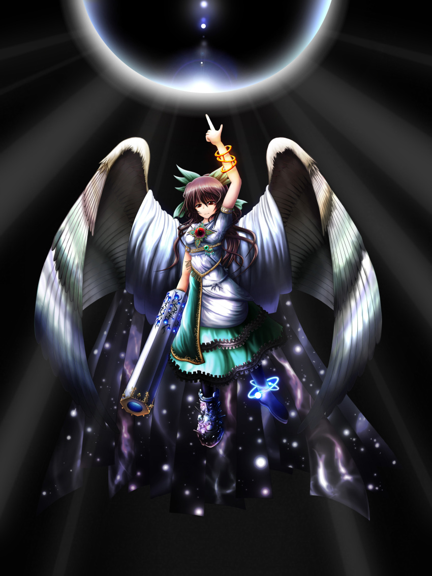 absurdres, alternate_costume, alternate_weapon, arm_cannon, asheta7, ashita, asymmetrical_clothes, black_hair, bow, bracelet, cape, hair_bow, highres, jewelry, large_wings, long_hair, mismatched_footwear, red_eyes, reiuji_utsuho, smile, solo, touhou, weapon, wings
