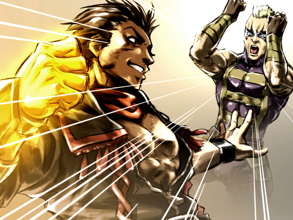 abs, blocking, blonde_hair, brown_hair, emphasis_lines, gene, glowing, glowing_hand