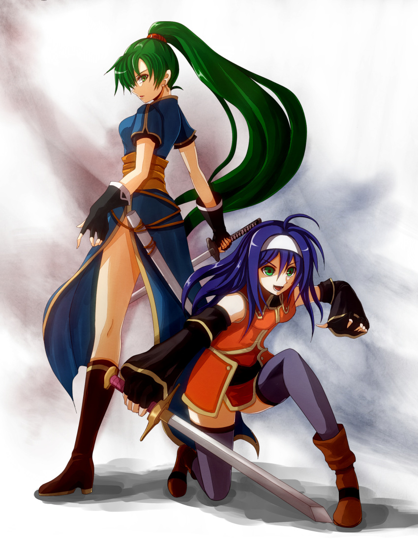 ahoge, bare_shoulders, blue_hair, boots, detached_sleeves, earrings, fingerless_gloves, fire_emblem