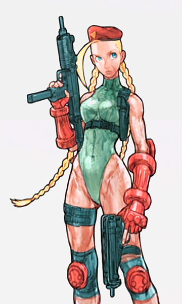 90s, ahoge, beret, blonde_hair, blue_eyes, braid, cammy_white, cannon_spike, capcom, dual_wielding, fingerless_gloves, gloves, gun, gunspike, hat, huge_ahoge, imi_uzi, knee_pads, leotard, machine_pistol, nishimura_kinu, official_art, skorpion_vz._61, solo, street_fighter, submachine_gun, trigger_discipline, twin_braids, weapon