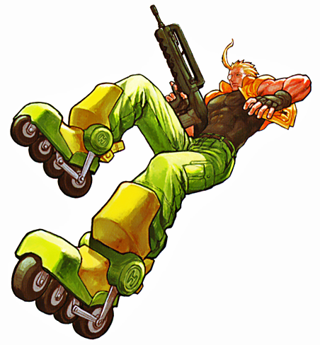 1boy, 90s, abs, ahoge, assault_rifle, blonde_hair, bullpup, cannon_spike