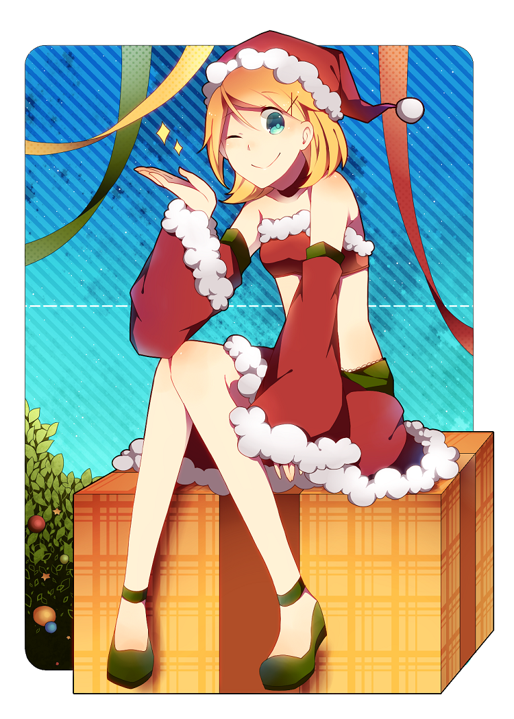 bandeau, bare_shoulders, blonde_hair, choker, detached_sleeves, fur_trim, gift, green_eyes