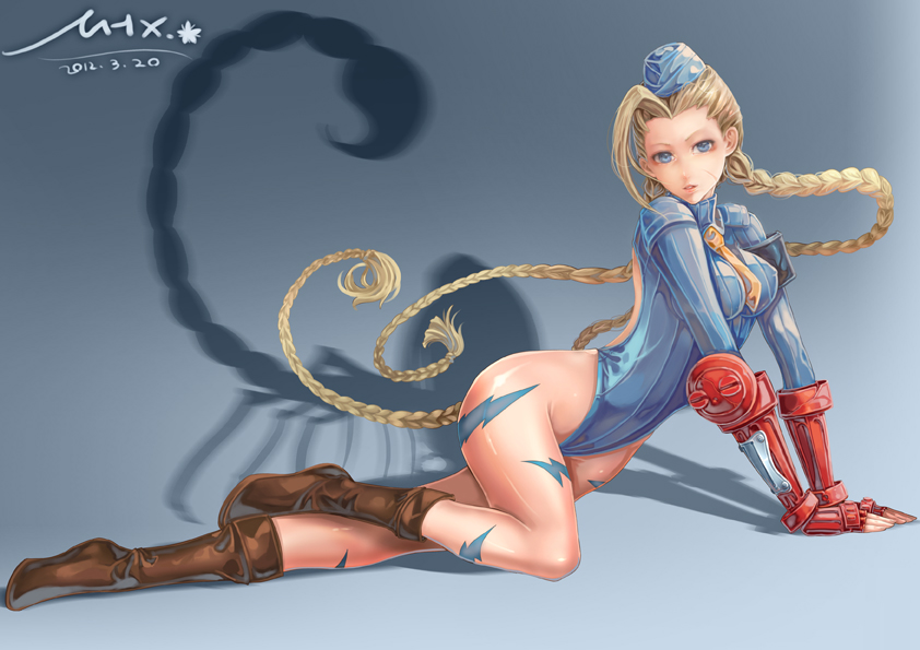 ahoge, arm_support, artist_name, blonde_hair, blue_eyes, bodypaint, boots, braid